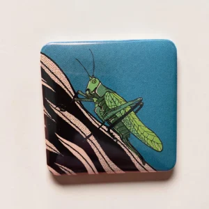 Ręcznie wykonany magnes o wymiarach 5x5 cm z ilustracją konika polnego na niebieskim tle, symbolizujący dostatek w autorskim, graficznym stylu